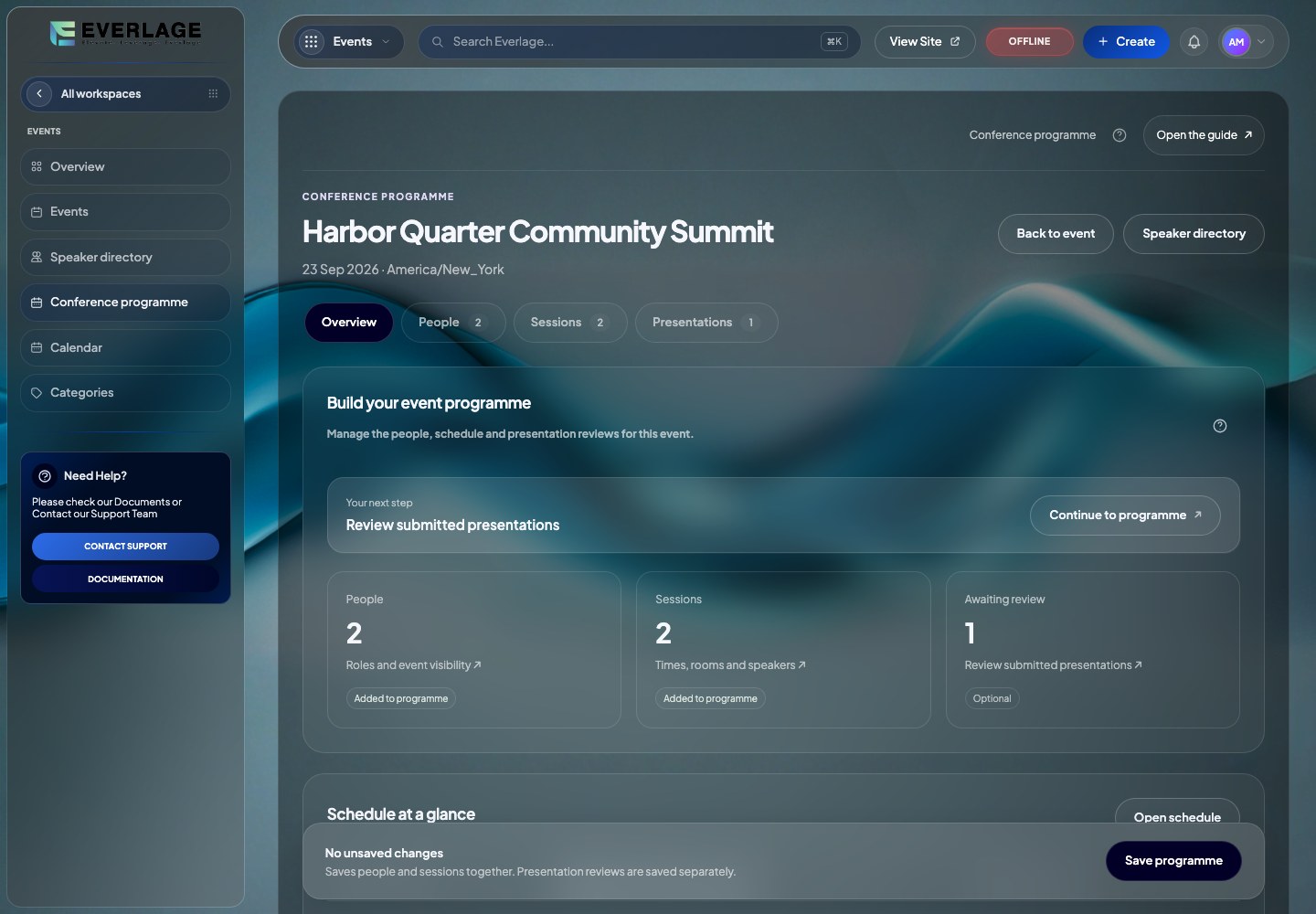 Conference program overview in the demo workspace