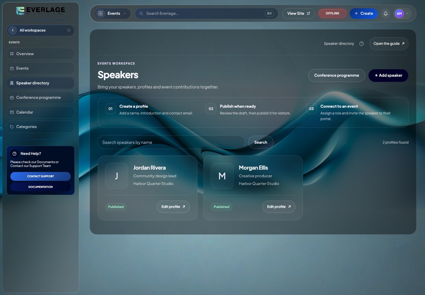 Speaker directory with fictional demo profiles
