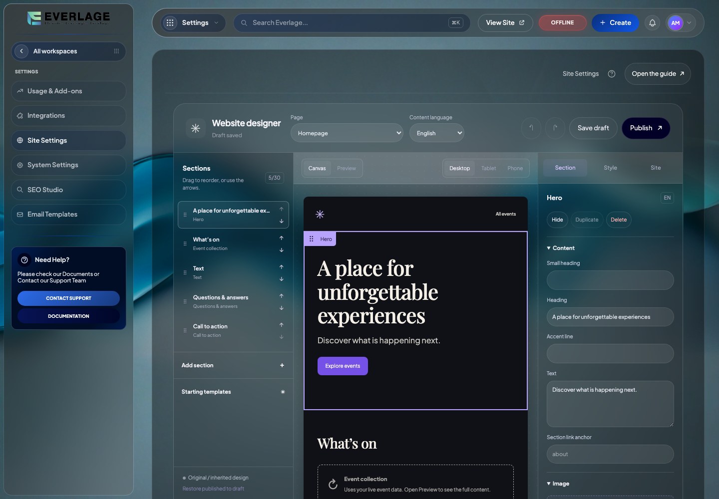 Fictional Everlage example event storefront shown inside the production system