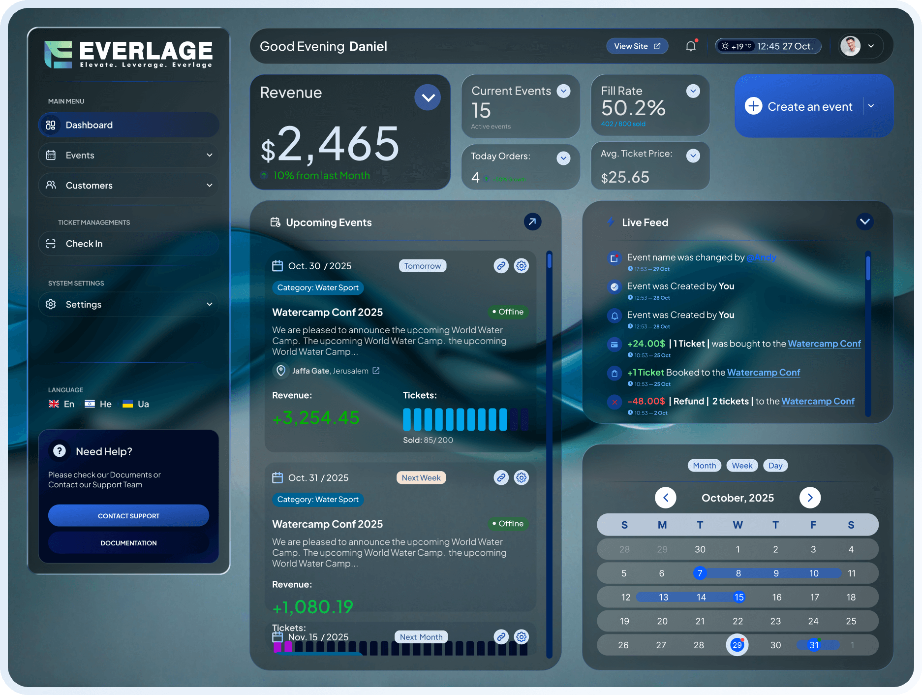 The Everlage operator dashboard — revenue, events, live feed and calendar